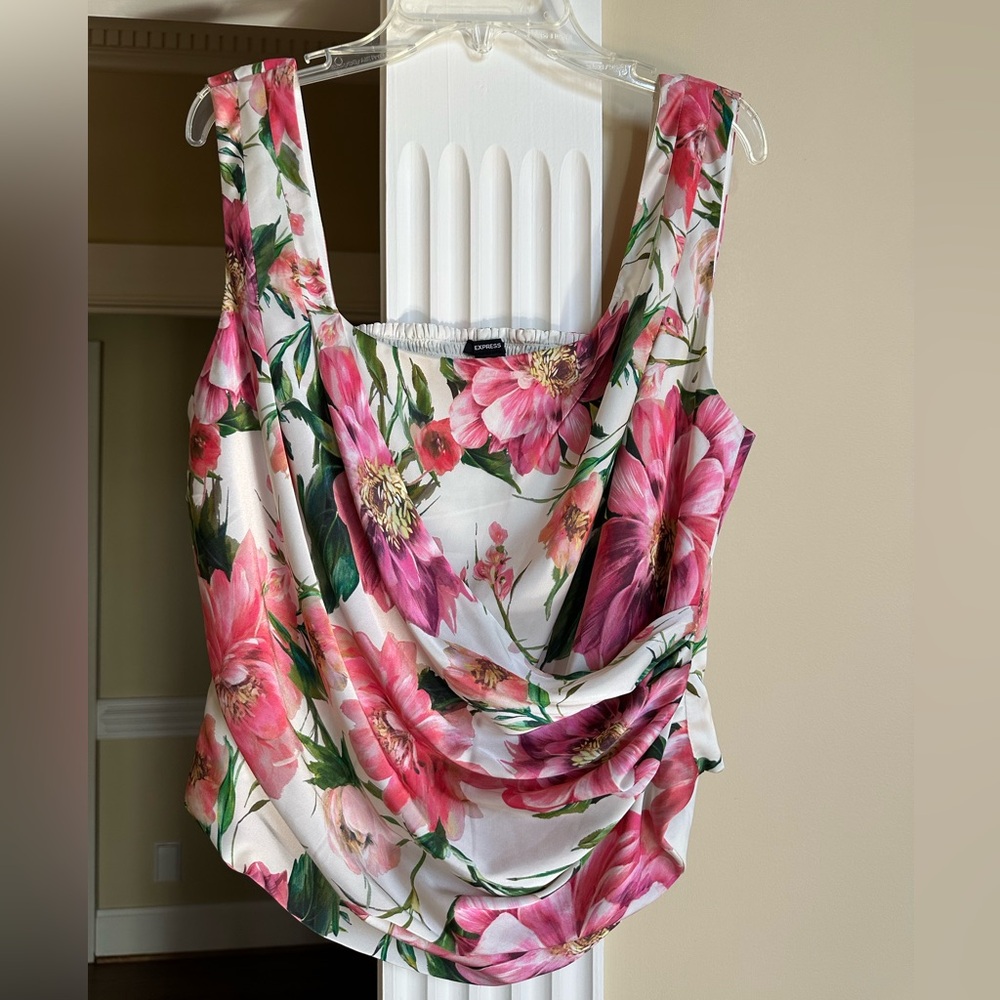 Express floral satin draped sleeveless top